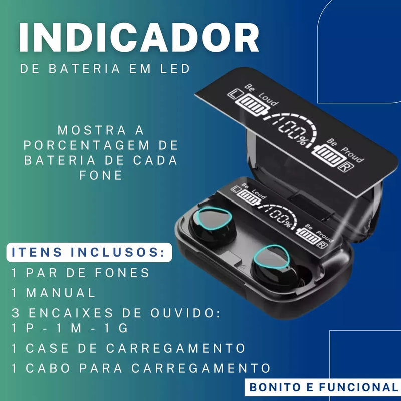 Fone de Ouvido, M10, TWS, Bluetooth 5.3 Esportivo, Intra-Auricular, Sem Fio com Cancelamento de Ruído Ativo (ANC), Microfone Integrado, IPX5 À Prova D'água, Compatível com iPhone e Android, Controle Touch e Display LED