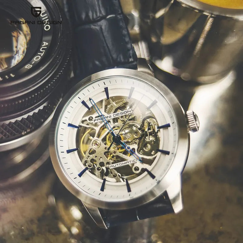 Relógio de luxo,  Pagani, design moderno, mecânico automático, aço inoxidável, à prova d'água, esportes, couro, masculino social.