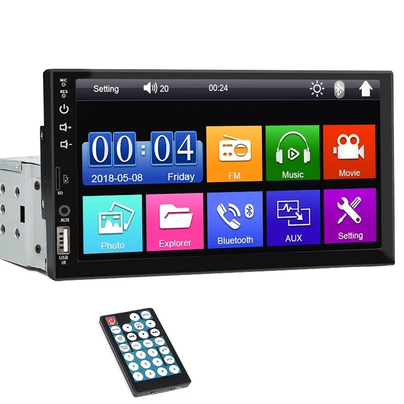 Central MP5 automotivo,  7 polegadas, 1 Din, Player com tela sensível ao toque, Multimídia, FM, Entrada auxiliar de alimentação, USB, Bluetooth, Mirror Link Universal