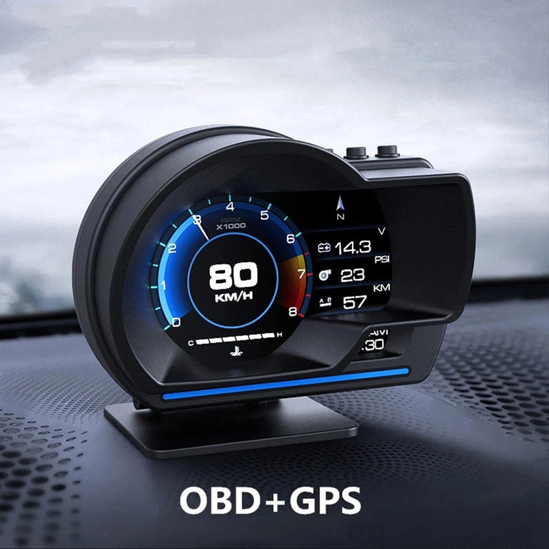 Scanner automotivo Head-Up Displayer digital OBD2+GPS, Aviso de velocidade, Medidor temperatura, Velocímetro, Turbo, RPM