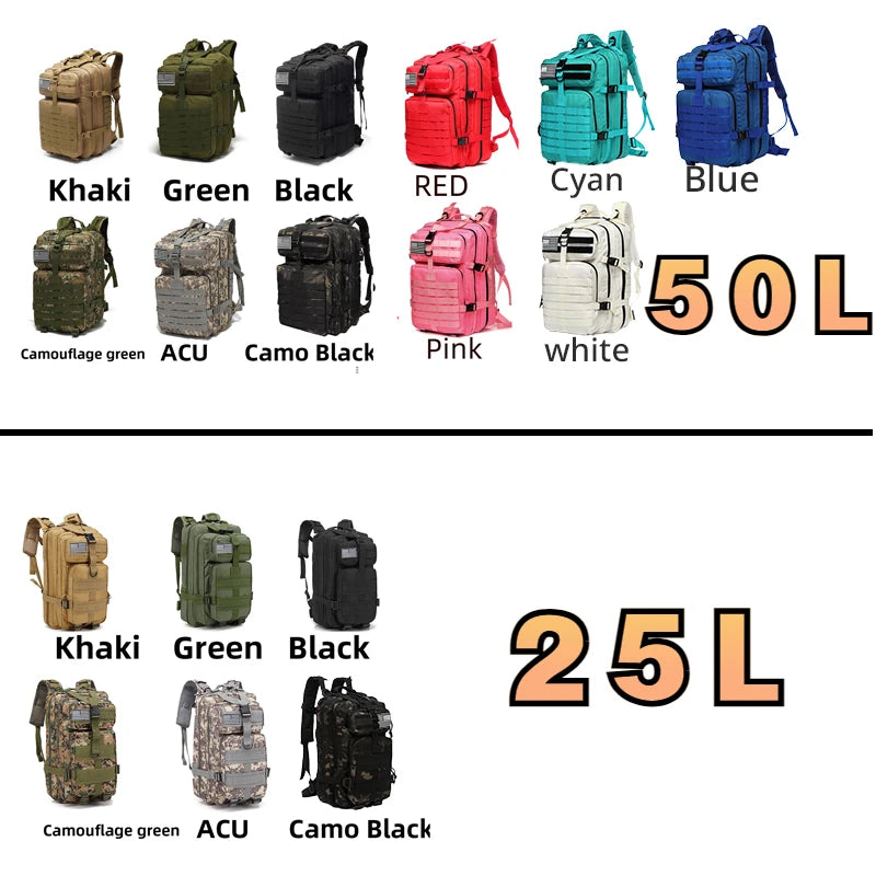 Mochila 25L/50L,  Nylon, À Prova D 'Água, Para Pesca, Caça, Camping, Bolsa,  Esportes, Táticos, Acampamento, Caminhadas e rapel .