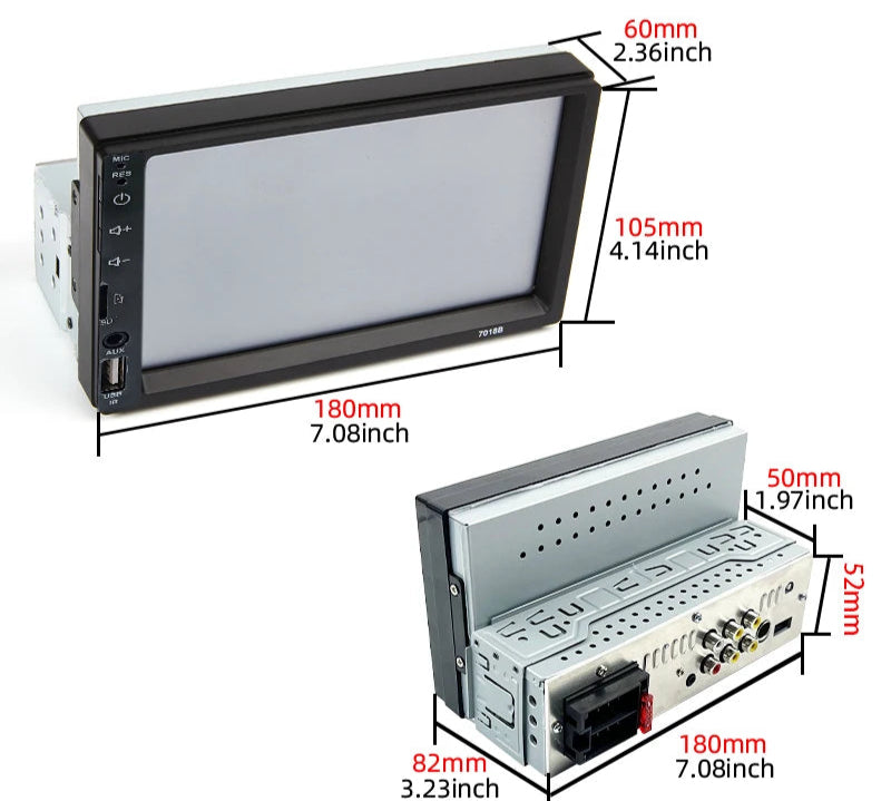 Central MP5 automotivo,  7 polegadas, 1 Din, Player com tela sensível ao toque, Multimídia, FM, Entrada auxiliar de alimentação, USB, Bluetooth, Mirror Link Universal