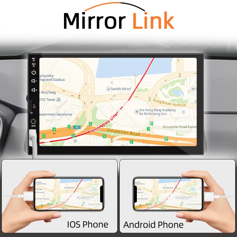 Central MP5 automotivo,  7 polegadas, 1 Din, Player com tela sensível ao toque, Multimídia, FM, Entrada auxiliar de alimentação, USB, Bluetooth, Mirror Link Universal